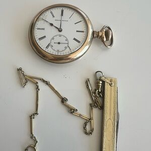 Antique Gold tone Pocket Watch with folding gold filled pocket knife and chain